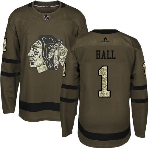 Adidas Blackhawks #1 Glenn Hall Green Salute to Service Stitched NHL Jersey